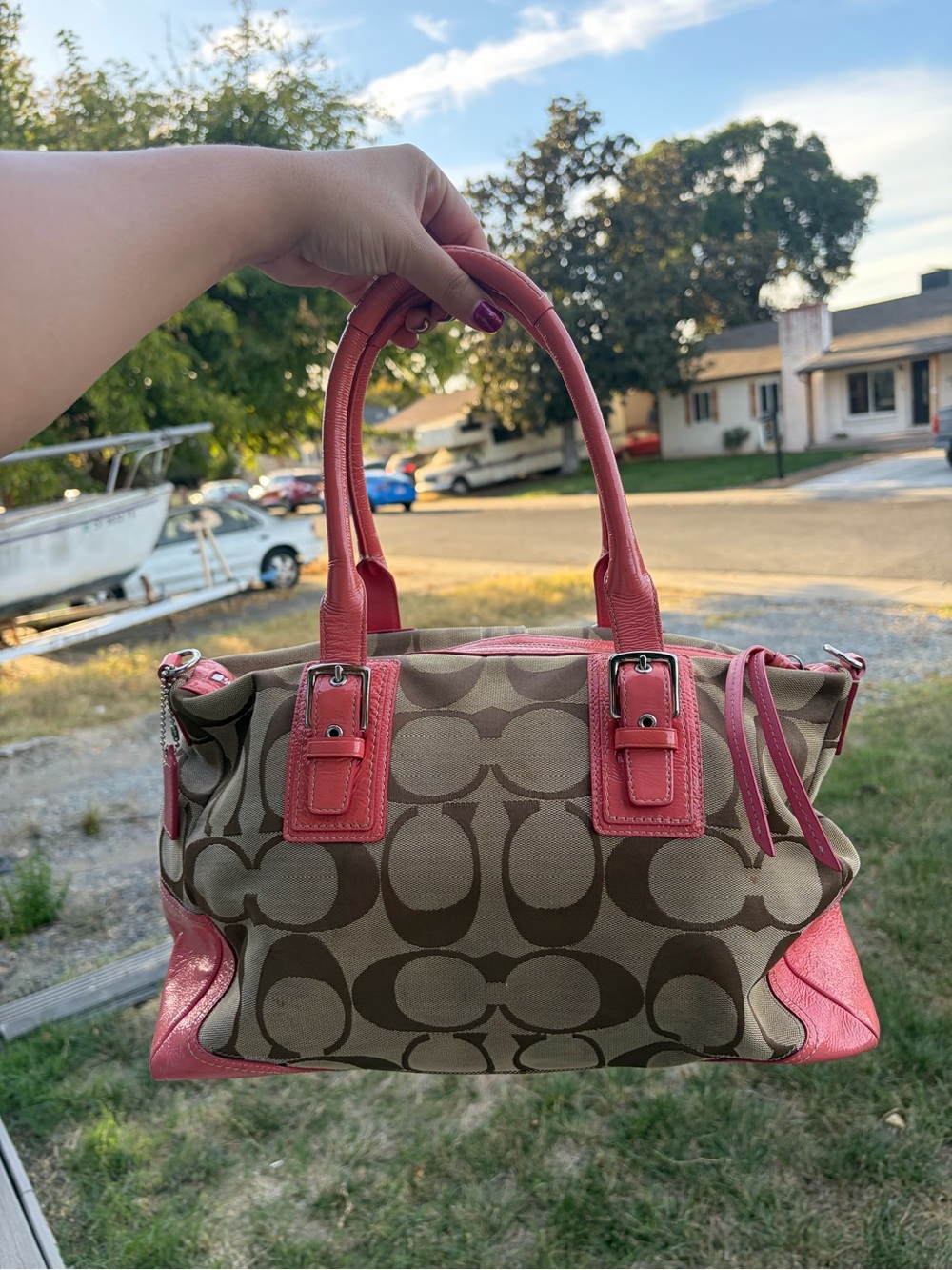 Coach Brown Signature Canvas Satchel with Coral Pink Trim